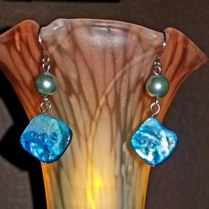Blue Sea Shell & Bead Drop Earrings